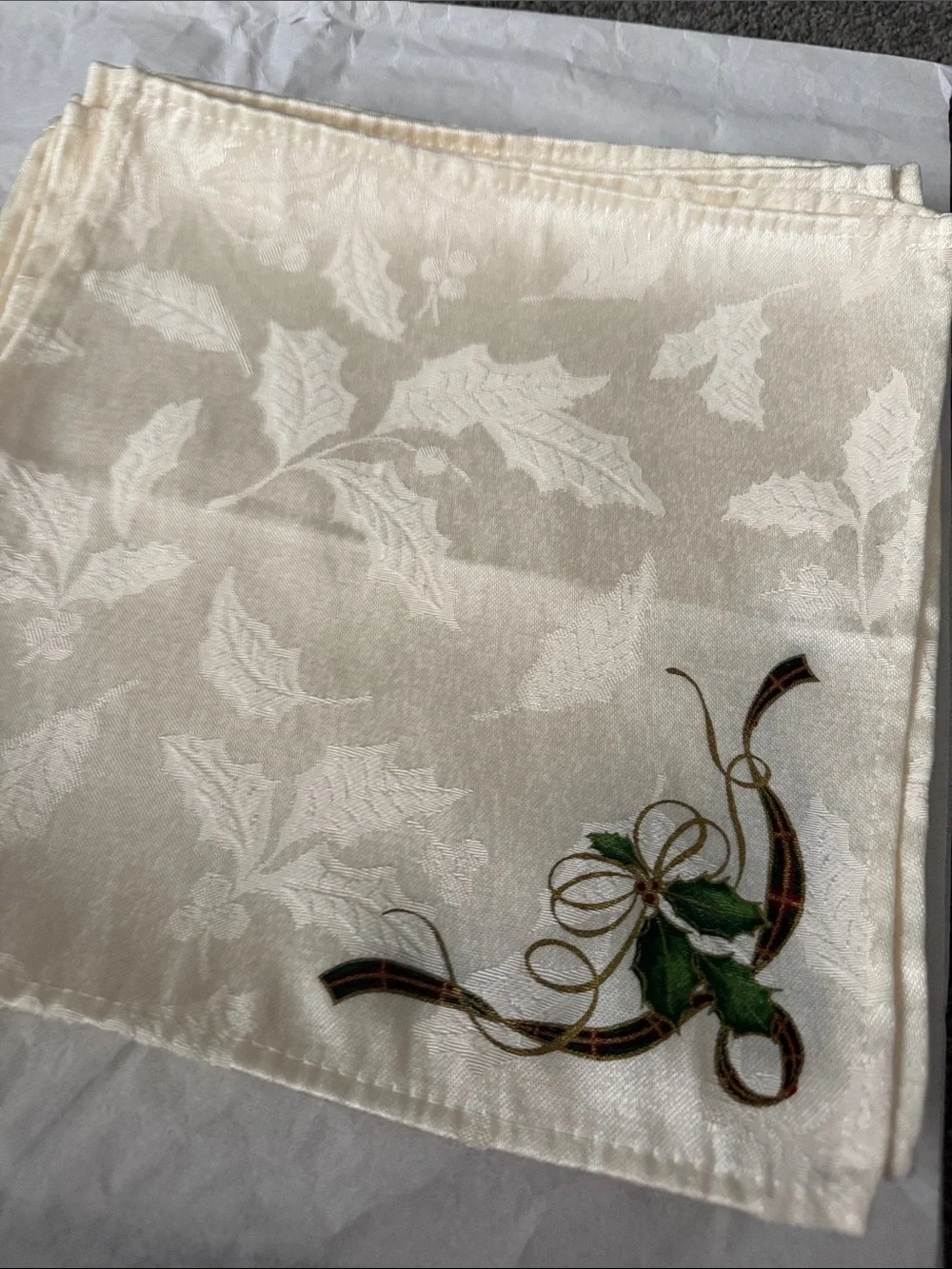 Vintage Lenox Holiday Jacquard Cocktail Napkins w/Green Holly Accent set of 12